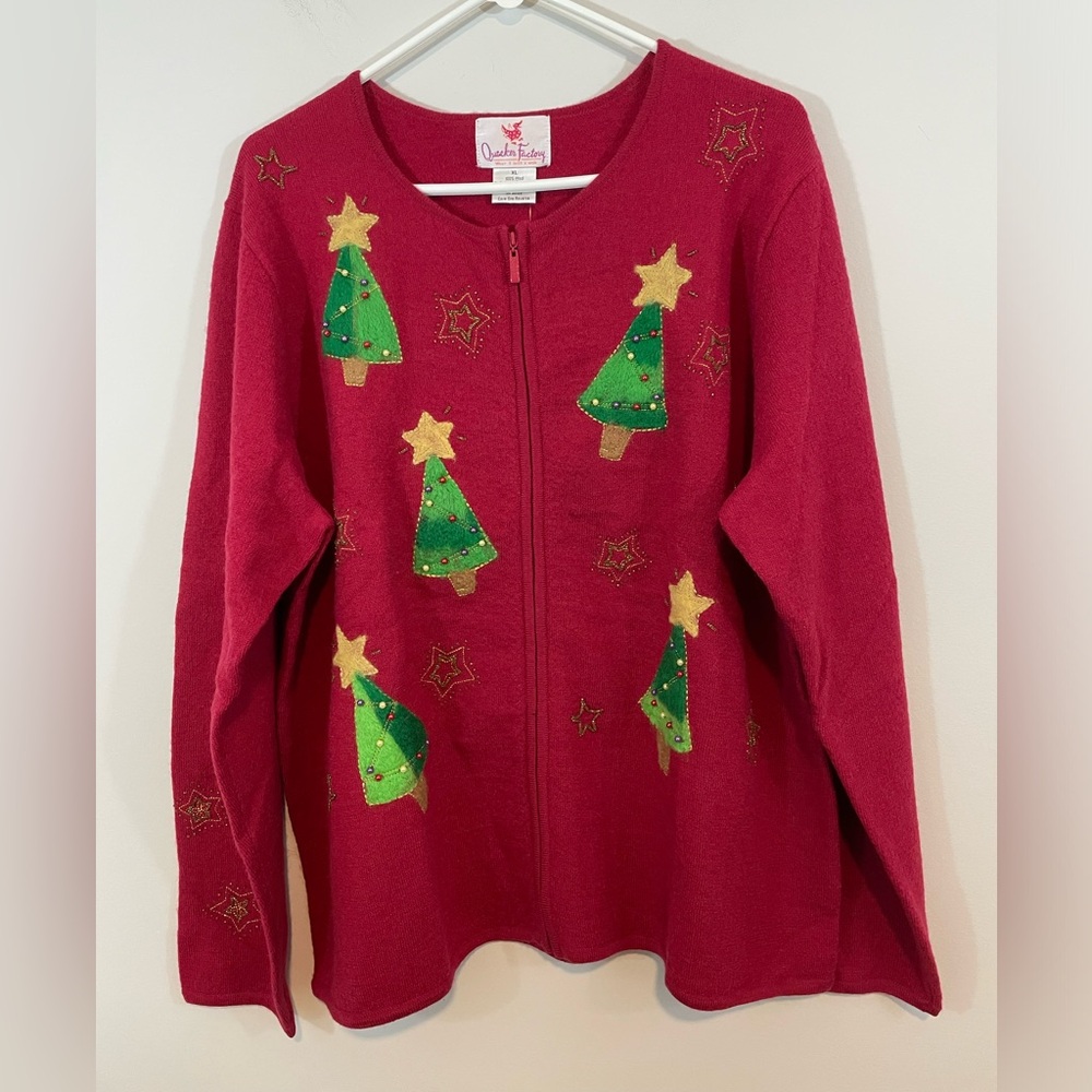 New Quacker Factory Christmas Cardigan Sweater womens sz XL Trees wool red zip